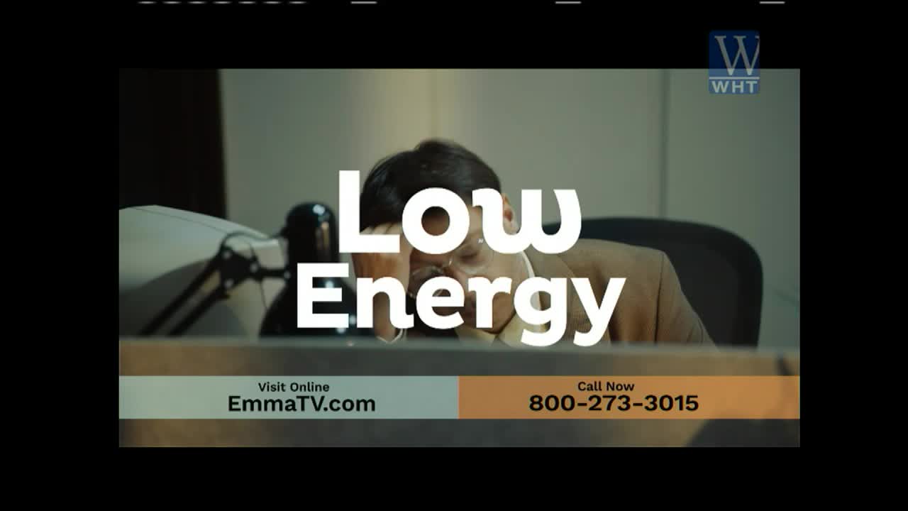A man rests his head on his arm, the words "Low Energy" superimposed above him. The screen displays a commercial on World Harvest TV, with a phone number and website address.
