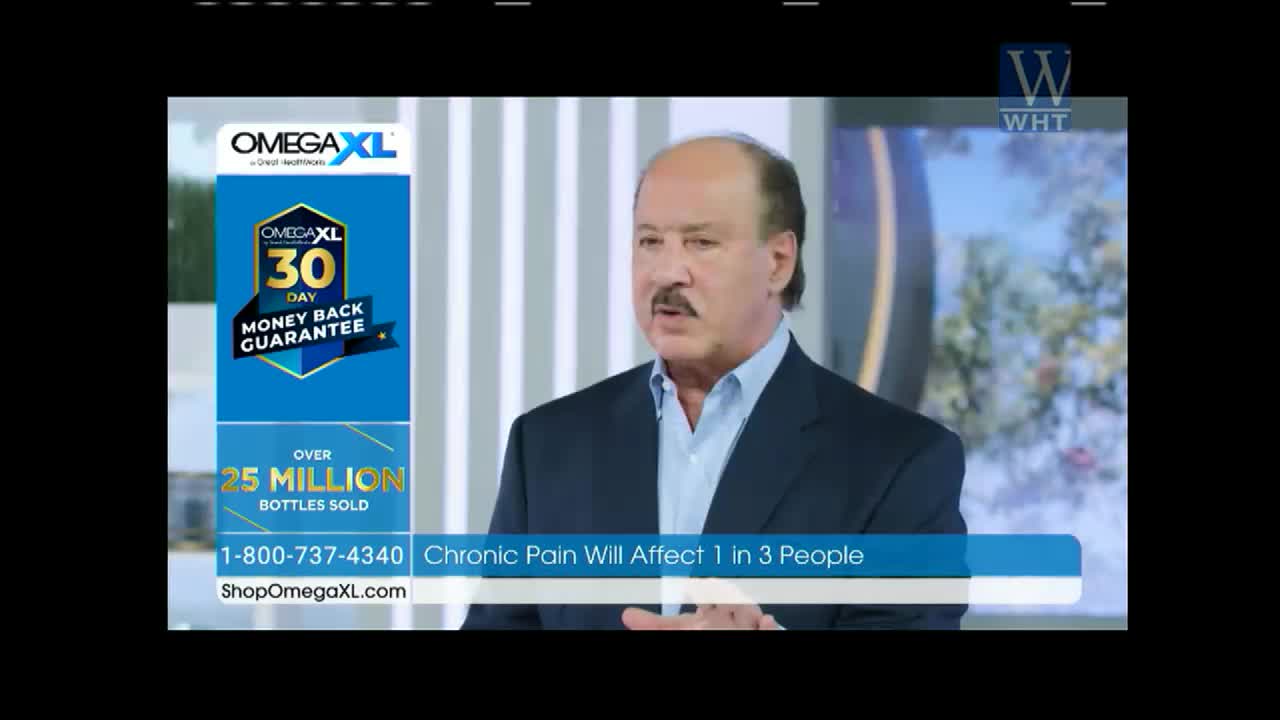 On World Harvest TV, a man in a dark suit gestures as he speaks. The screen behind him advertises OmegaXL and a money-back guarantee.
