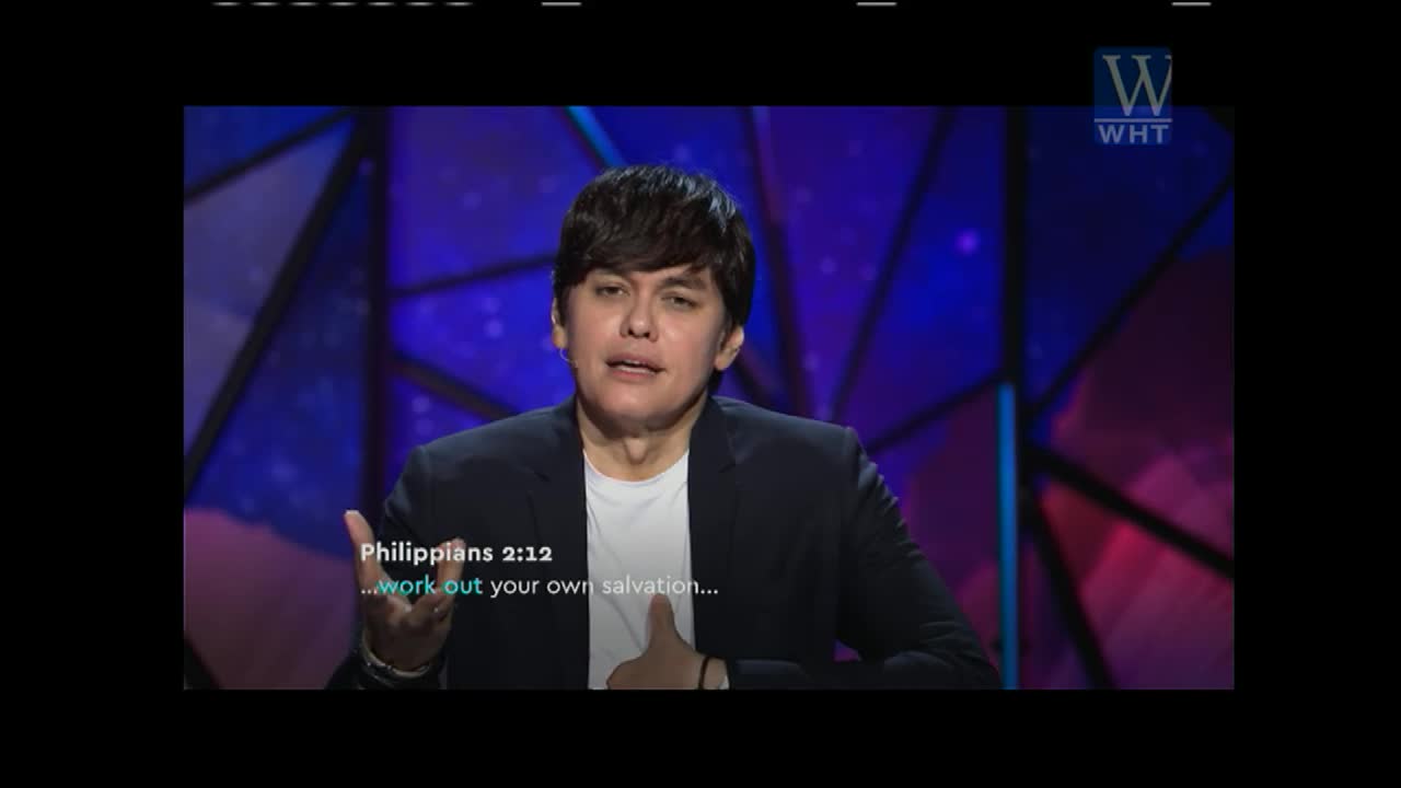 On World Harvest TV, a man in a dark blazer gestures with his hands, speaking directly to the camera. The backdrop is a stained-glass-like design, and a Bible verse appears on the screen.
