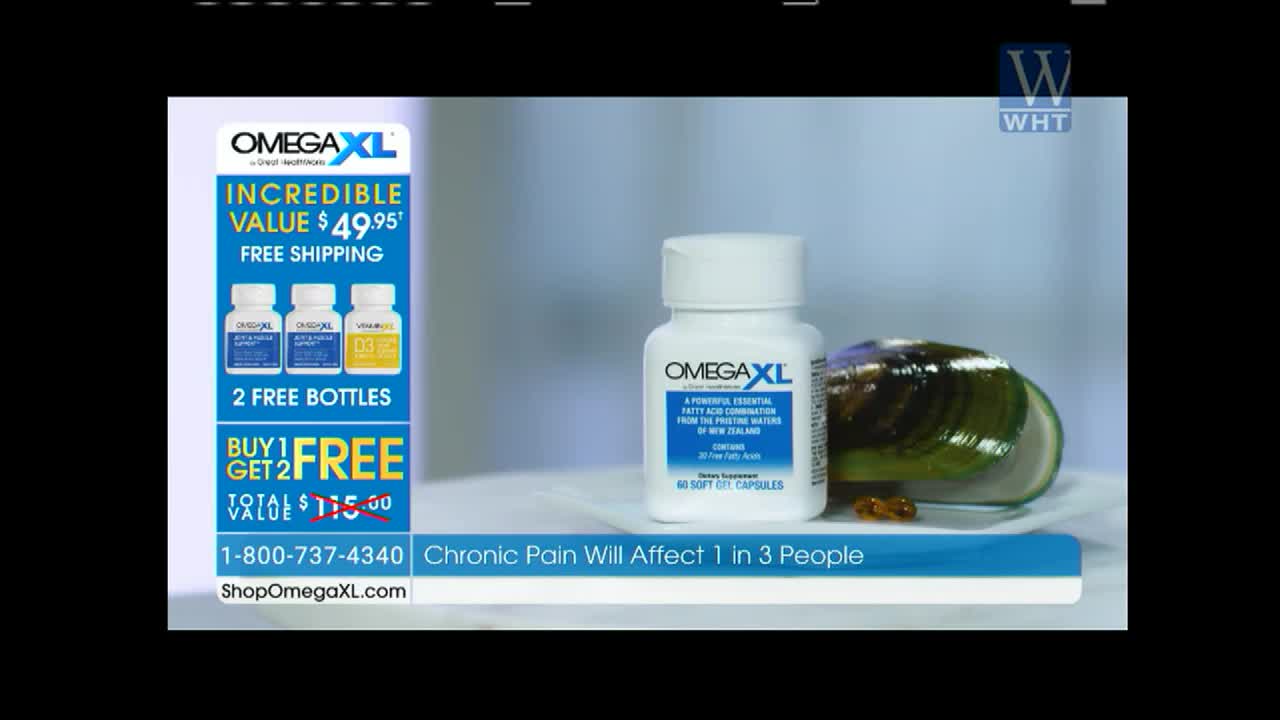 On World Harvest TV, a white bottle of OmegaXL sits next to a large, shiny shell. The ad promises a "Buy 1 Get 2 Free" deal for the supplement, with a phone number displayed at the bottom.

