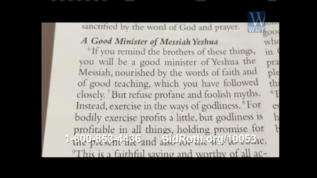 A page from a book is open, with text about a "Good Minister of Messiah Yeshua" visible. The World Harvest Television logo is in the corner, and a phone number and website are at the bottom.
