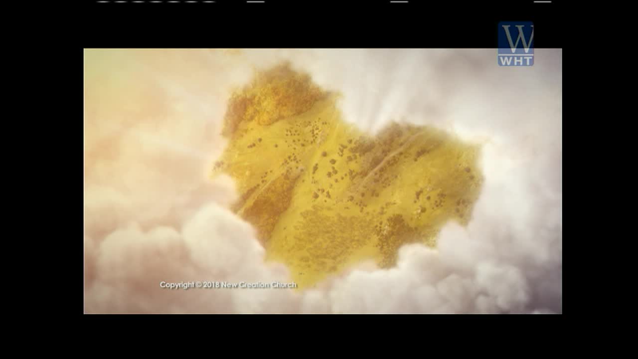 A golden, heart-shaped landmass floats among fluffy clouds, bathed in a warm light. The World Harvest TV logo is visible in the upper right corner.
