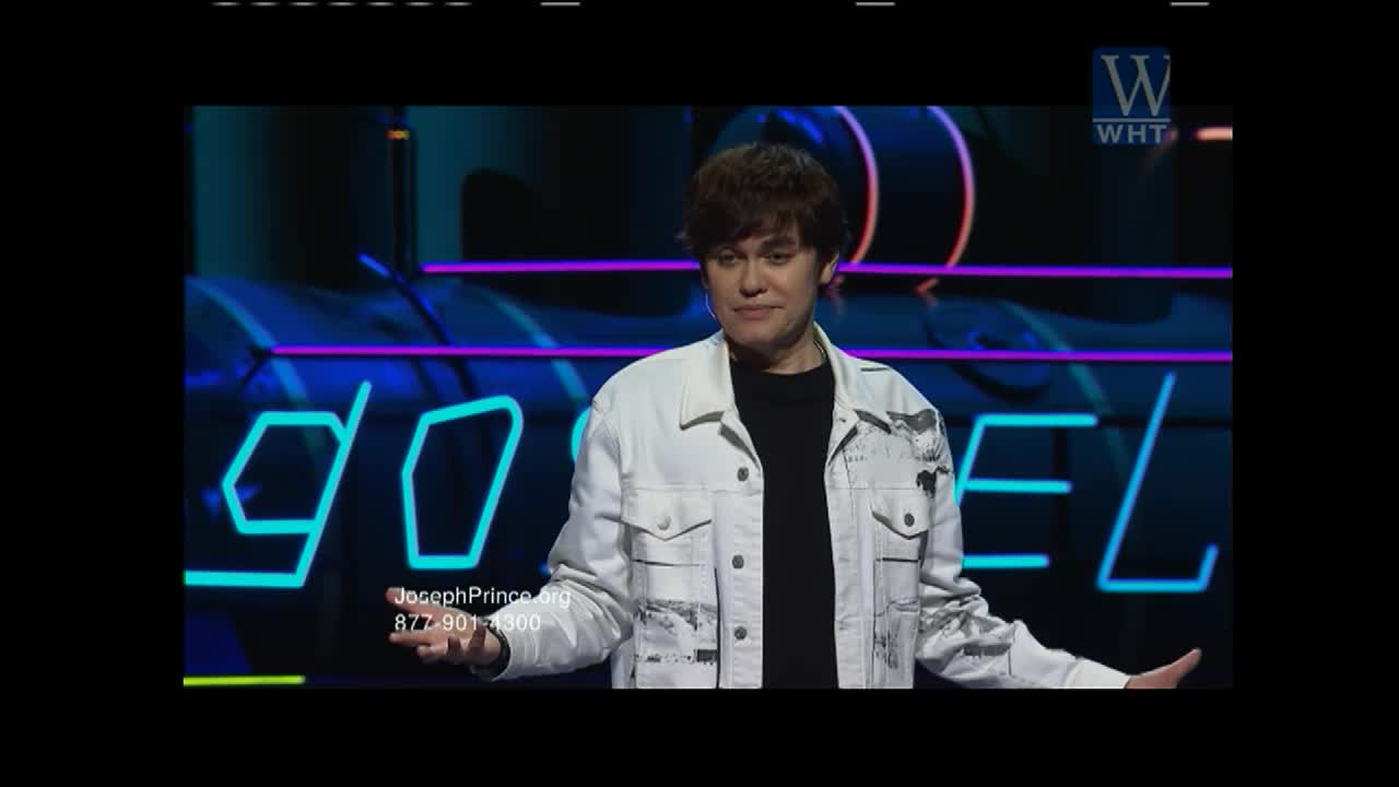 A young man in a white denim jacket stands on a stage, gesturing with his hands. Behind him, neon blue letters spell out "GOSPEL" against a dark background. The World Harvest Television logo appears in the upper right corner.