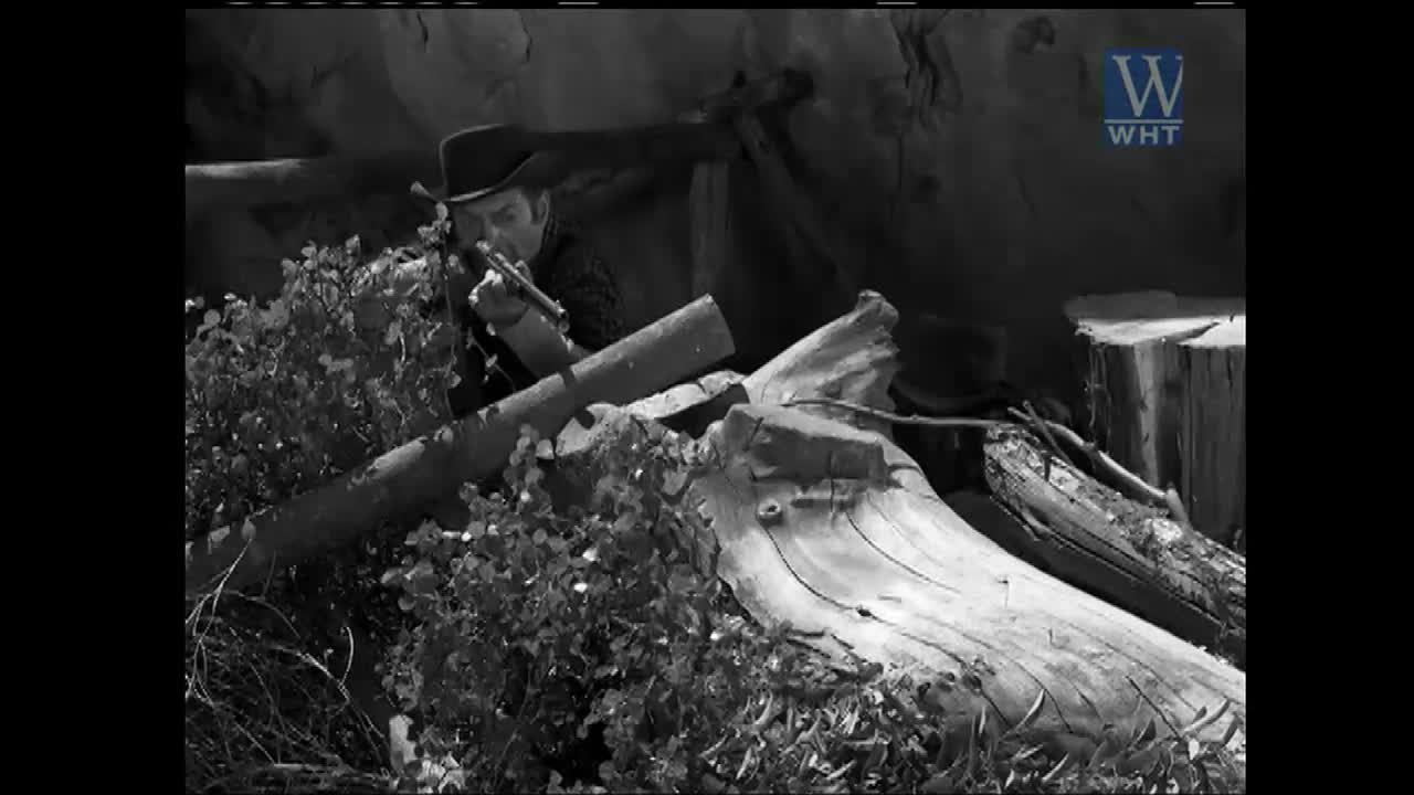 A man in a cowboy hat aims a rifle from behind some brush, his face obscured by shadow. He's positioned near a large, fallen log and a tree stump.