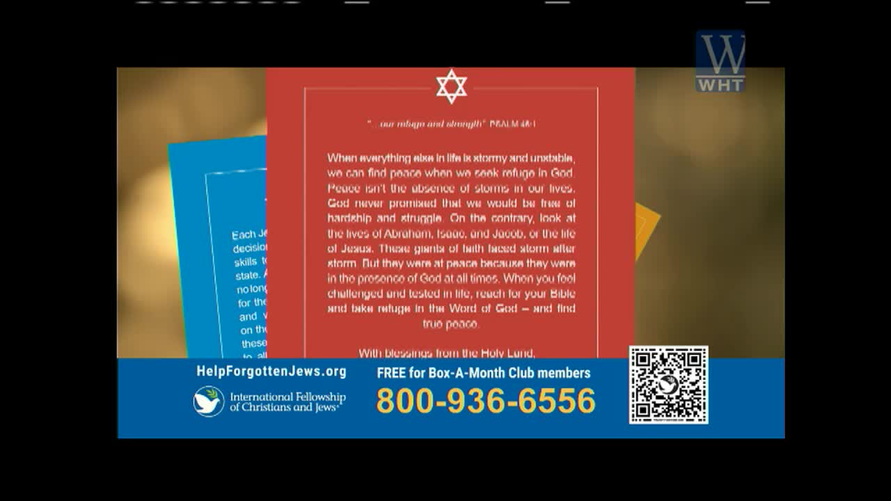 A red card with a Star of David at the top displays text about finding peace in God. Below it, a blue card shows more text, and a banner at the bottom advertises a phone number for the International Fellowship of Christians and Jews.