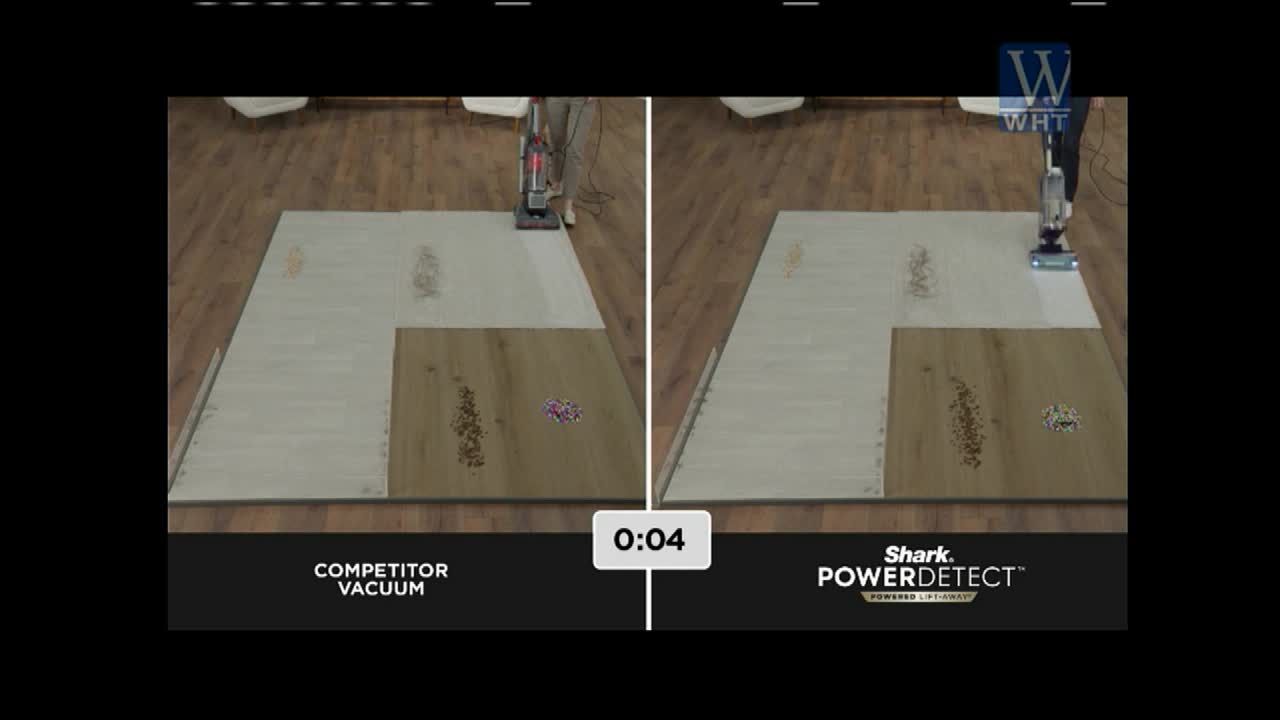 A vacuum cleaner on the left is struggling to pick up debris, while the Shark PowerDetect on the right is quickly clearing the same mess. The timer shows 0:04, indicating the speed of the demonstration.
