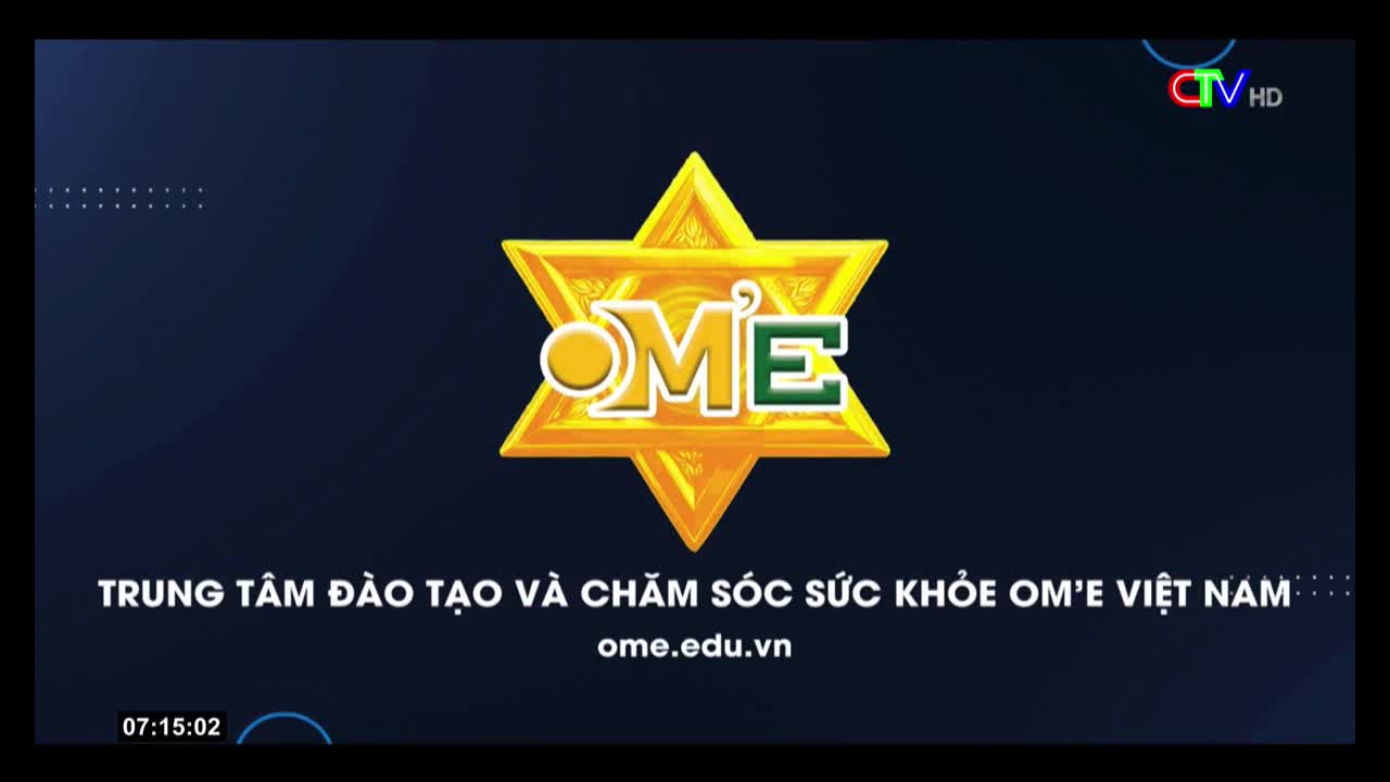 A golden star shape frames the "OM'E" logo, centered against a dark blue background. Below, Vietnamese text and a website address identify the organization as a health and training center.
