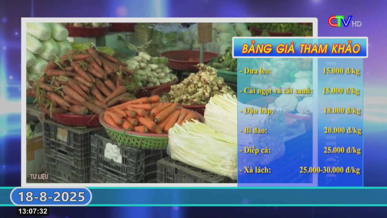 Fresh carrots and other vegetables are piled high at a market stall, with a price list displayed on the right. The Ca Mau TV screen shows the date and time, along with a reference price list.
