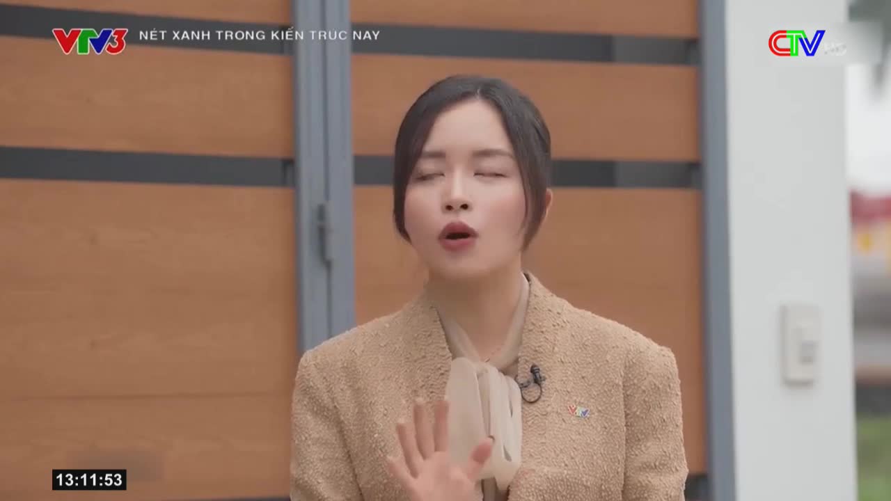The woman in a tan jacket is speaking, her hand gesturing as she talks. The Ca Mau TV logo is visible in the corner.
