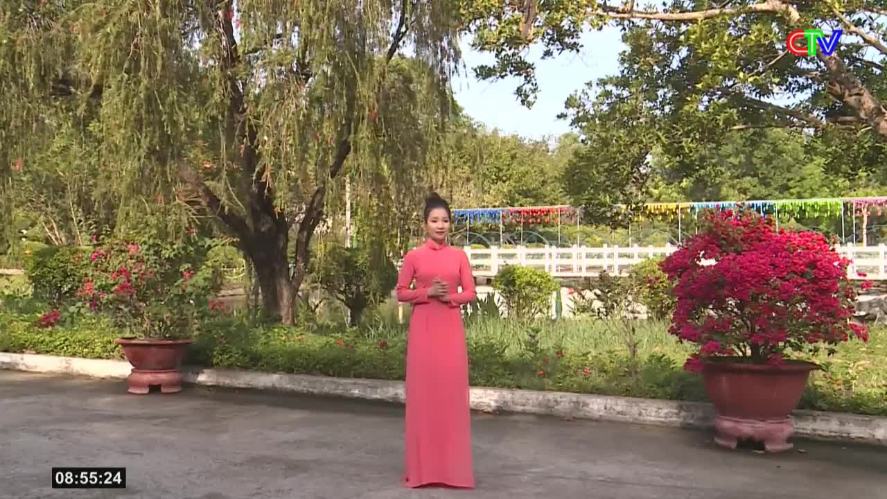 A woman in a bright pink ao dai stands in a garden, her hands clasped. Behind her, colorful banners hang over a white fence, a common sight during festivals in Vietnam.