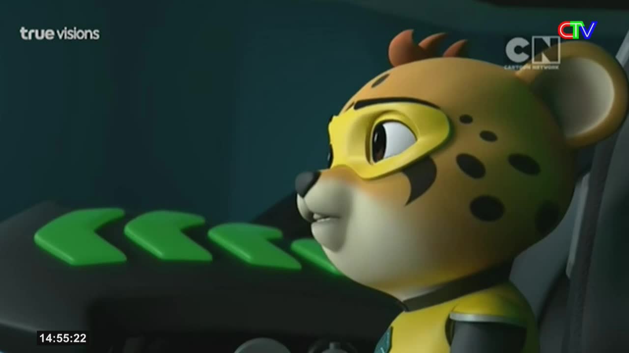 A cartoon cheetah, wearing a yellow mask, looks intently forward. Green arrows point left on a dark panel in front of him.