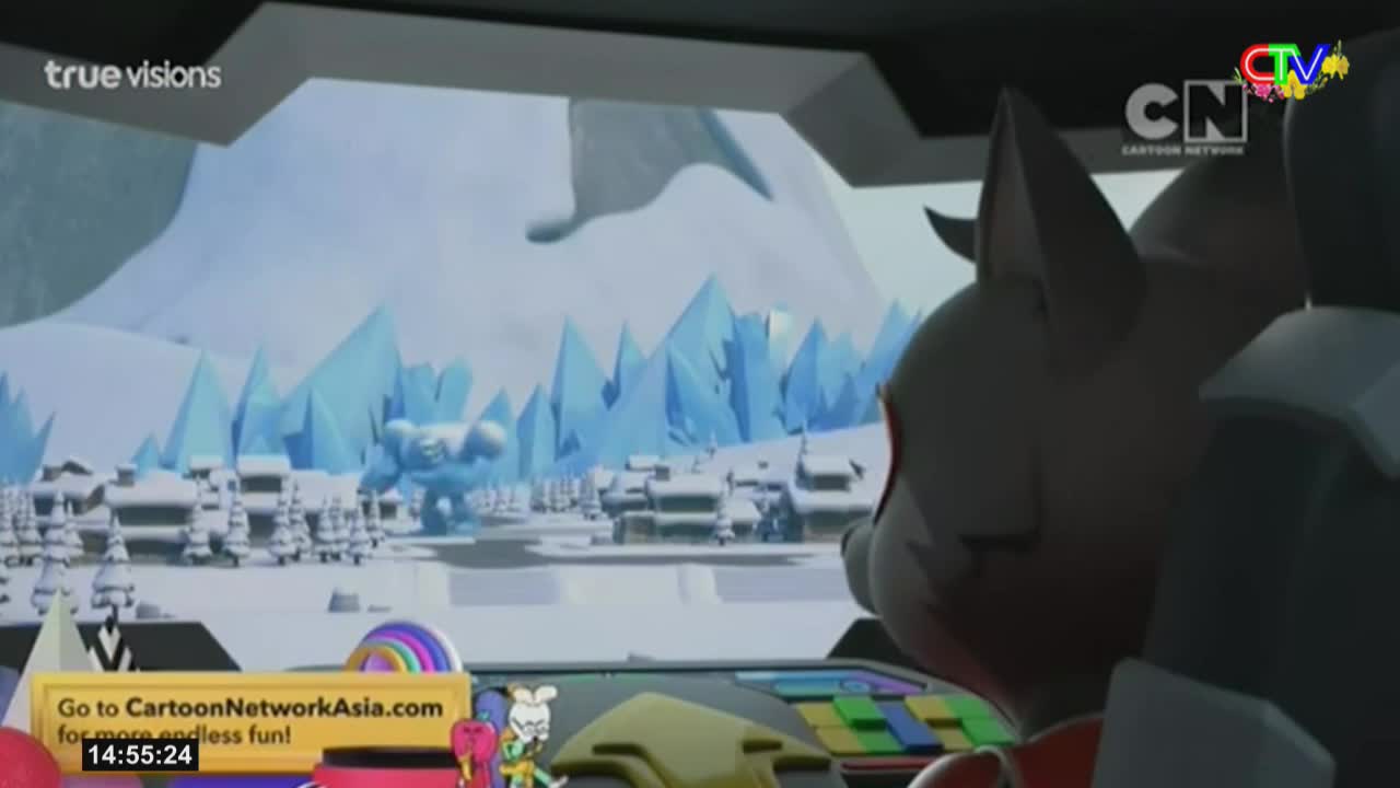A furry, pig-like creature looks out at a frozen landscape dotted with white vehicles. Towering blue ice formations rise in the background, and a large, hulking ice monster stands among the vehicles.