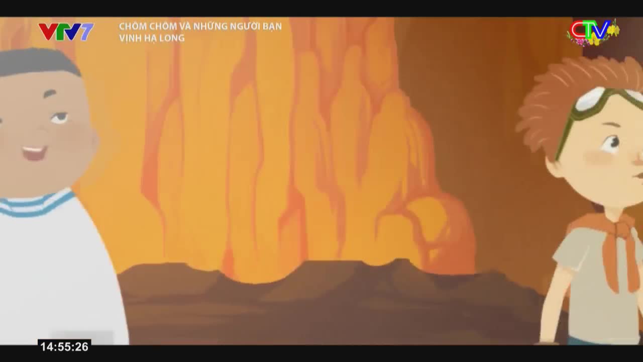 Two cartoon children stand before a wall of glowing orange rock. The boy on the right wears goggles and a scarf, while the boy on the left has a white shirt with blue trim.