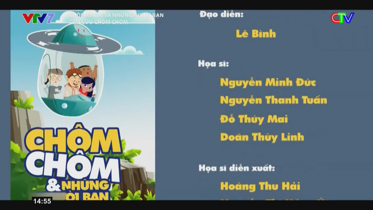 A cartoon spaceship hovers over a jungle scene, its occupants peering out. The title "Chôm Chôm & Những Người Bạn" appears in bold yellow letters.