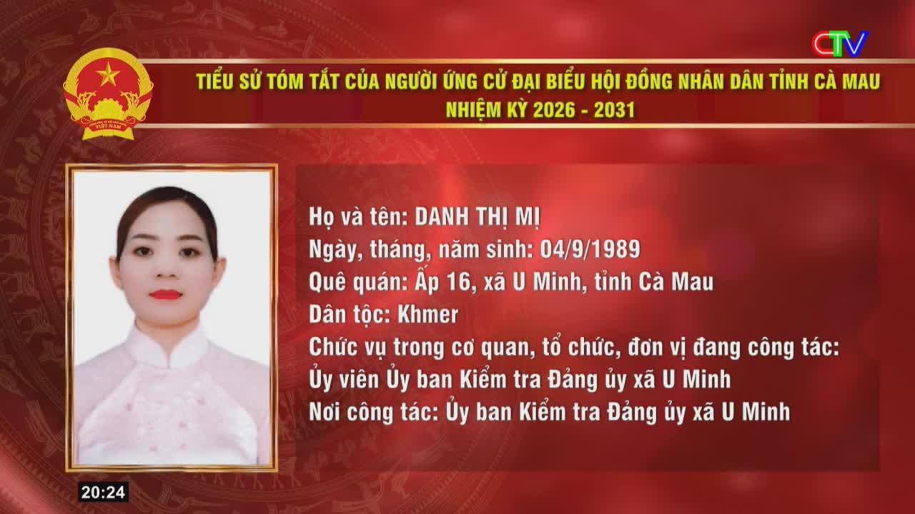 A woman's portrait appears on screen, her name and biographical details filling the right side of the frame. The Ca Mau TV logo sits in the upper right corner.