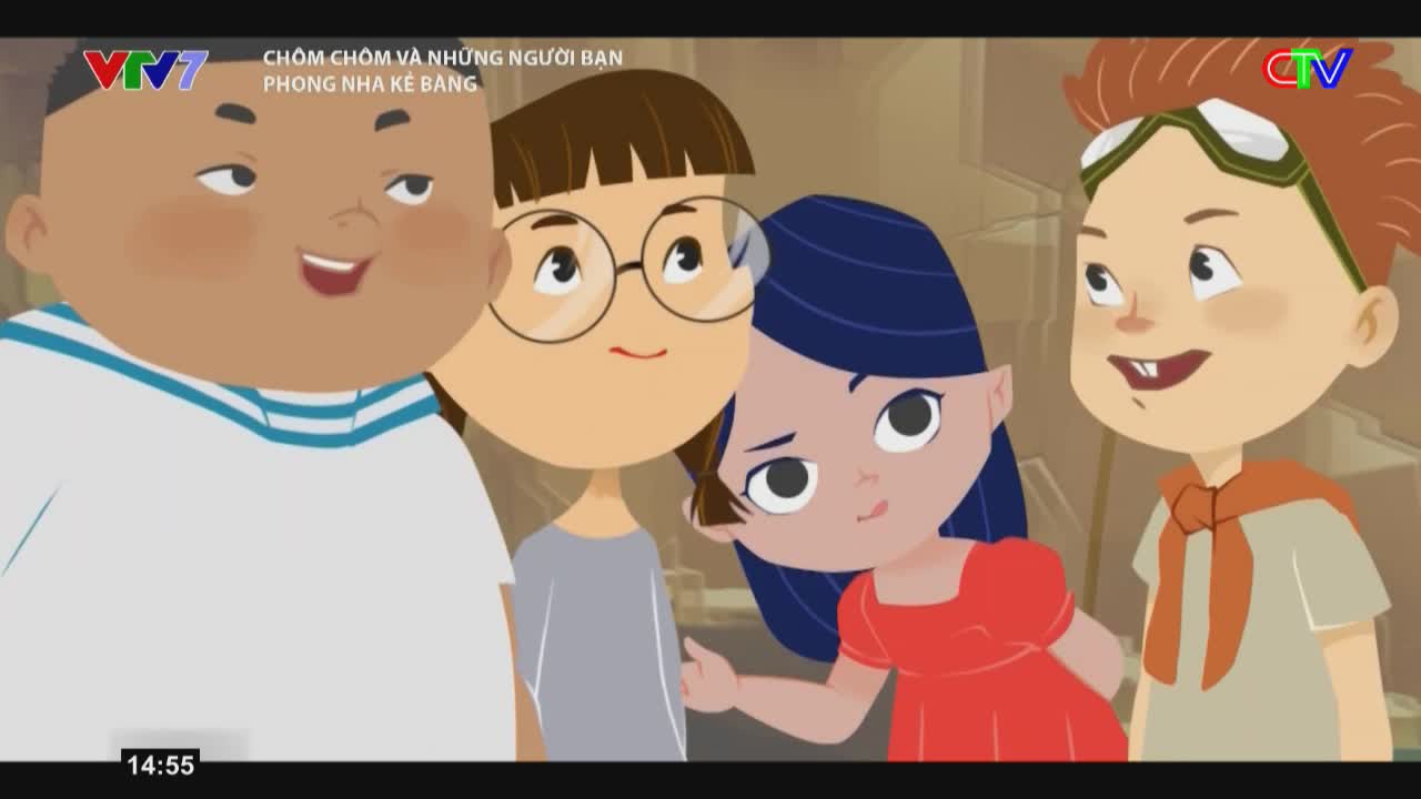 Four animated children stand close together, their faces turned towards something off-screen. A boy with a sailor collar grins, while a girl in glasses looks up thoughtfully. To their right, a girl in a red dress leans in, and a boy with goggles on his forehead smiles broadly.