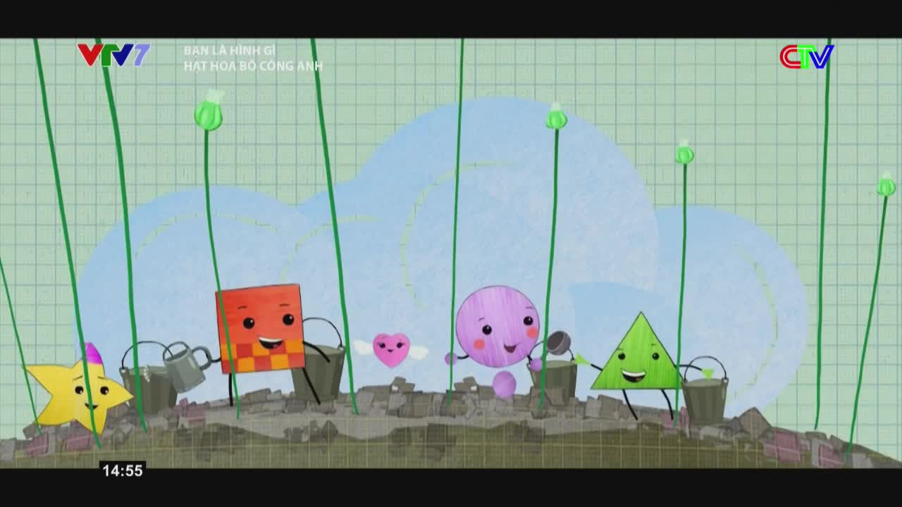 A yellow star, an orange square, and a green triangle are watering plants. A purple circle and a pink heart float nearby.