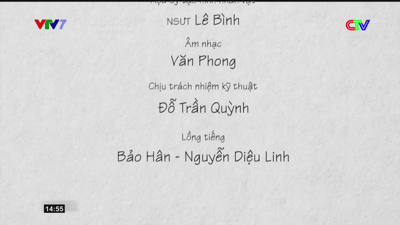 The screen displays credits for a program, with "VTV7" and "CV" logos visible. Names like "Lê Bình," "Văn Phong," and "Đỗ Trần Quỳnh" appear, followed by "Bảo Hân - Nguyễn Diệu Linh."