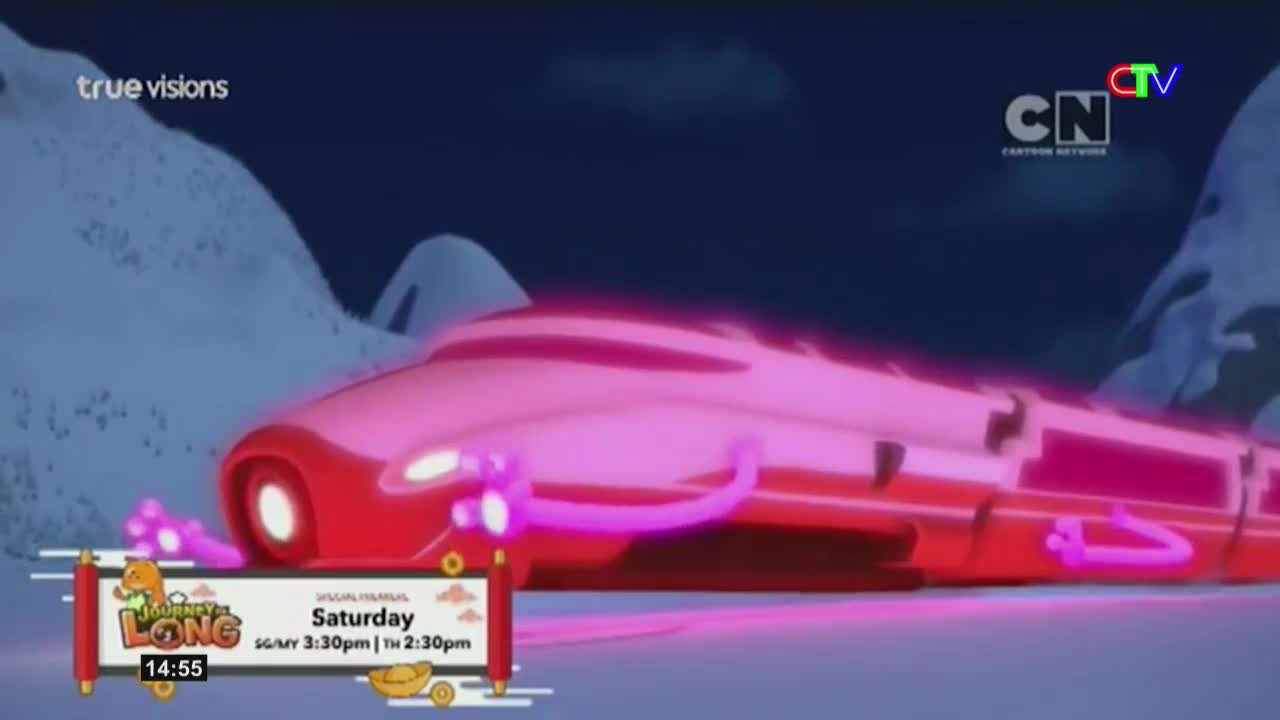 A bright red, futuristic train glides through a snowy landscape. Its glowing pink accents pulse as it moves, casting an ethereal light.