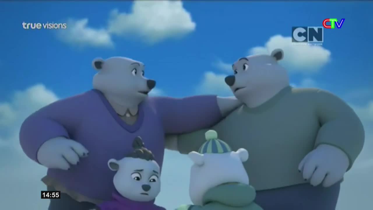 Two adult polar bears stand close, one with a hand on the other's shoulder. Two smaller bears are nestled in front of them, looking up with worried expressions.