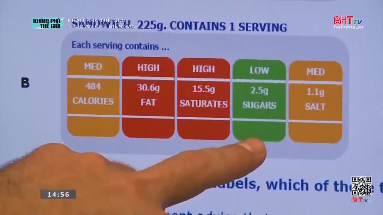 A finger points to a green box labeled "LOW SUGARS" on a screen displaying nutritional information. The Ha Tinh TV logo appears in the corner of the screen.