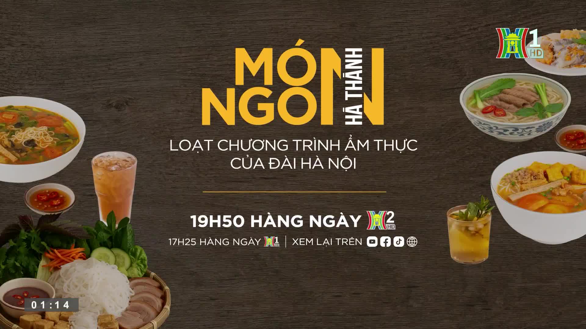 A television screen displays a food-themed program's title card, with bowls of soup and other dishes arranged around the text. The HanoiTV1 logo is visible, along with the show's time slot.
