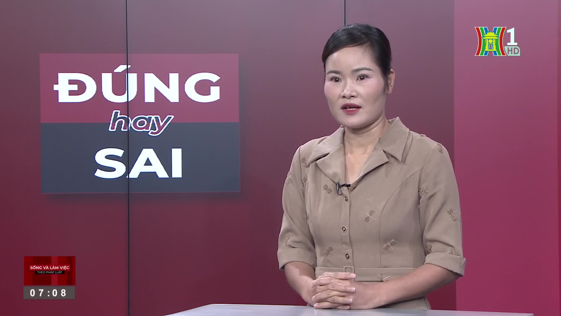 A woman in a tan blazer stands centered, speaking on HanoiTV1. Behind her, the "ĐÚNG hay SAI" logo is displayed against a maroon and gray backdrop.
