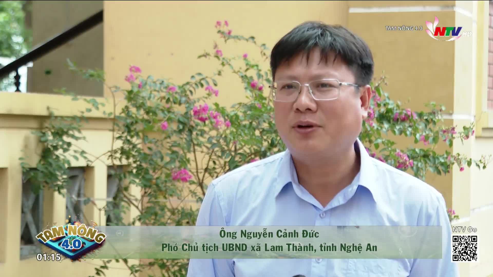 A man in glasses speaks, his mouth moving as he addresses the camera. Behind him, a flowering bush and a building are visible, and the Nghe An TV logo is in the corner.
