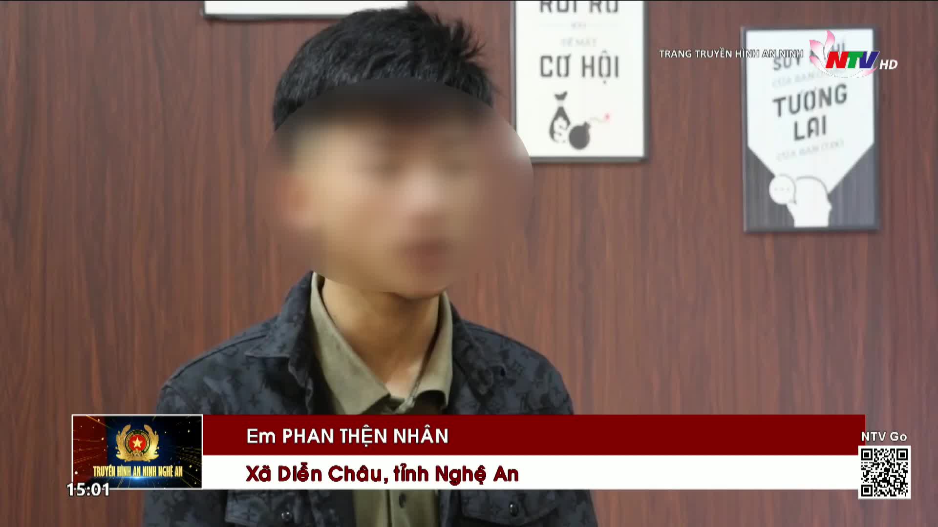 A young man, his face blurred, sits in front of a wood-paneled wall. A graphic overlay identifies him as Phan Thien Nhan from Dien Chau, Nghe An province, with the Nghe An TV logo visible.