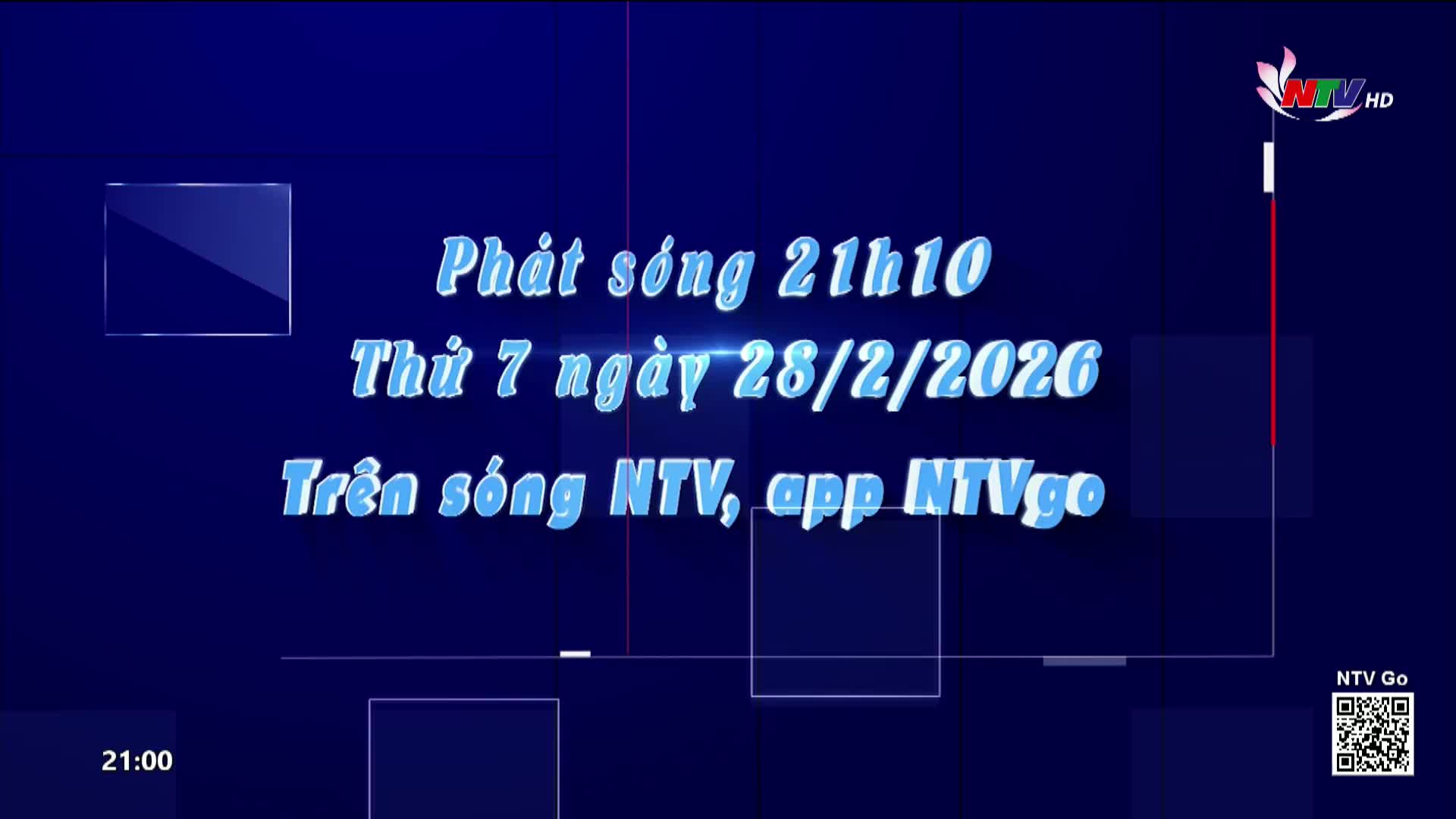The screen displays text announcing a broadcast at 21:10 on Saturday, February 28, 2026, on NTV and the NTVGo app. A QR code for NTV Go is visible in the lower right corner.