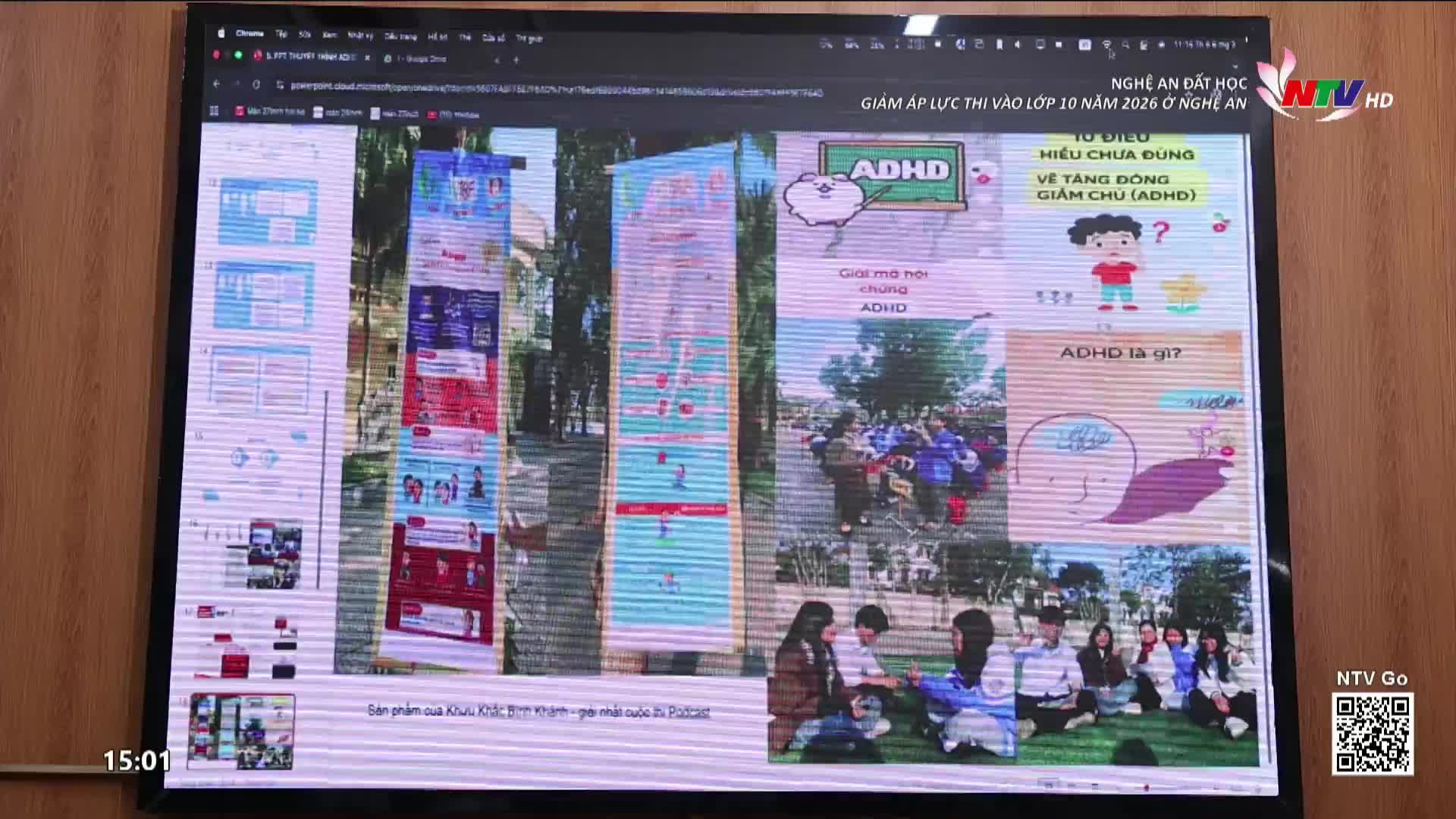 A large screen displays information about ADHD, with Vietnamese text and images of students. The Nghe An TV logo is visible in the corner.