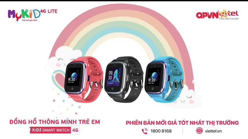 Three smartwatches, in red, black, and blue, are lined up against a rainbow backdrop, each displaying a digital clock. The MyKid 4G Lite logo and the QPVN Viettel logo are visible at the top.

