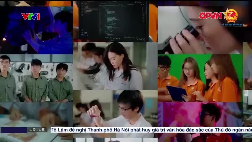 A montage of scenes flashes across the screen, from students working on computers to scientists peering through microscopes. The lower third of the screen displays text in Vietnamese.

