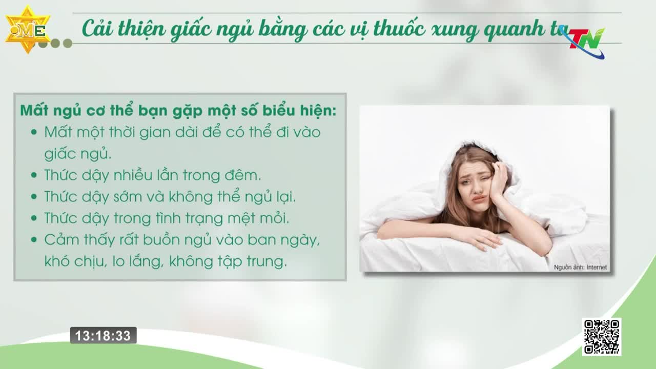 On Thai Nguyen TV, a screen displays a list of insomnia symptoms, alongside a photo of a woman looking tired in bed. The clock in the corner reads 13:18:33.
