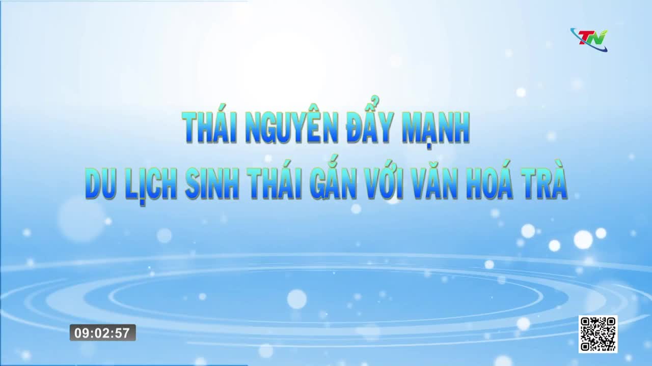 The Thai Nguyen TV logo hovers in the upper right corner. Text in Vietnamese, "THÁI NGUYÊN ĐẨY MẠNH DU LỊCH SINH THÁI GẮN VỚI VĂN HÓA TRÀ," appears in large, blue, 3D letters against a light blue, watery background.