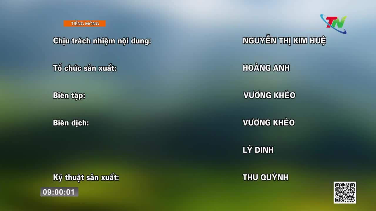 The Thai Nguyen TV logo appears in the upper right corner. Text scrolls up the screen, listing names and roles, with a timer at the bottom.