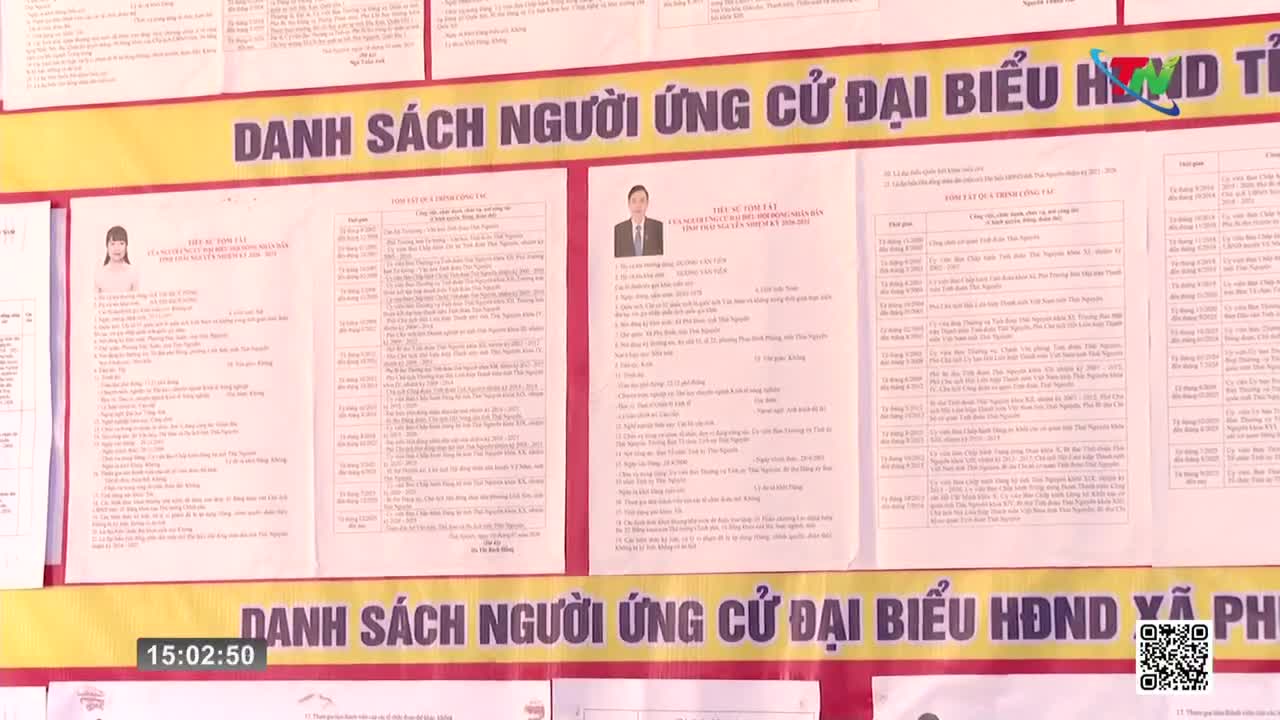A yellow banner with dark text announces a list of candidates for the People's Council. Below it, several official documents are pinned to a wall, each displaying a portrait and biographical details.