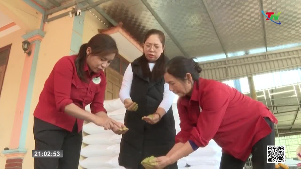 Three women in red shirts examine small, yellow-green objects in their hands. Stacks of white sacks rise behind them. Three women in red shirts examine small, yellow-green objects in their hands. Stacks of white sacks rise behind them.