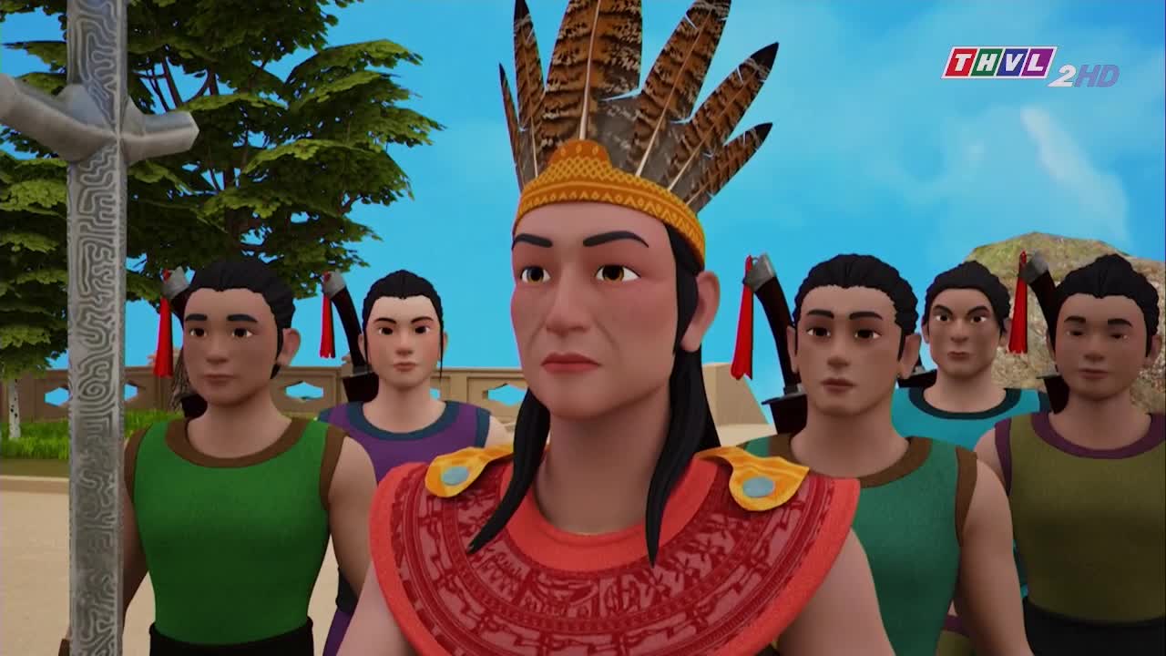A man in a feathered headdress and ornate red collar stands front and center, flanked by a group of men in green and blue tunics. Behind them, the sky is a bright, clear blue, as if it's a sunny day in Vietnam.
