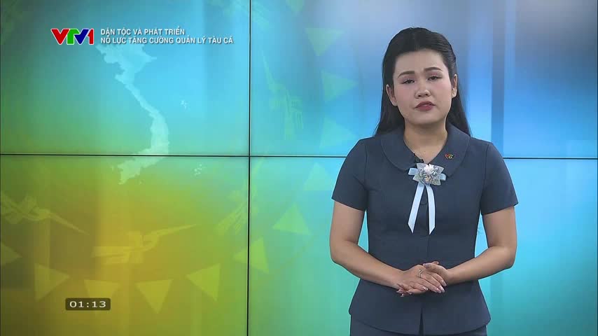 A woman in a dark blue suit stands in front of a backdrop, speaking directly to the camera. The VTV1 logo and a map of Vietnam are visible on the screen behind her.
