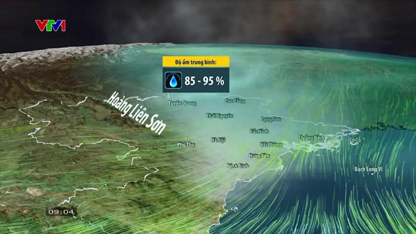The VTV1 weather map shows a humid forecast for northern Vietnam, with winds blowing from the sea. Green lines indicate air currents moving across the land.