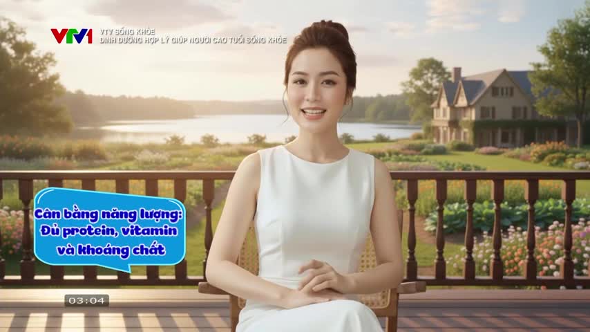 A woman in a white dress sits on a porch, a serene lake and house behind her. Text on the screen, likely from VTV1, highlights balanced energy from protein, vitamins, and minerals.